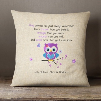 Luxury Personalised Cushion - Inner Pad Included - Purple Owl Promise